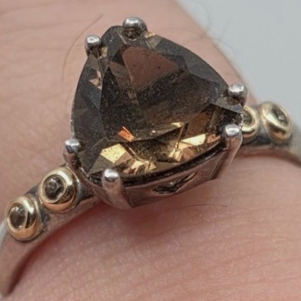 Authentic RETIRED Trillion Smokey Quartz .925/14kt Close to my Heart Ring